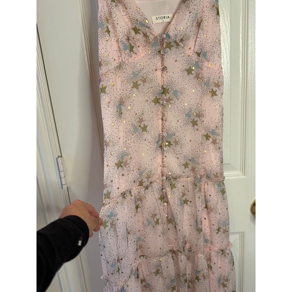 Storia Blush Pink Star Print Maxi Dress M Celestial Tiered Cottagecore Boho - Picture 5 of 8